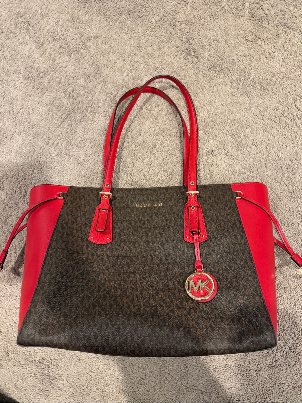 Michael Kors Brown Logo Tote with Red Trim